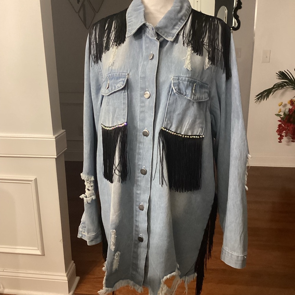 Customized Fringe Denim Jacket Accents ( Size: XXL) (Color: Light Wash Blue) - Picture 5 of 10